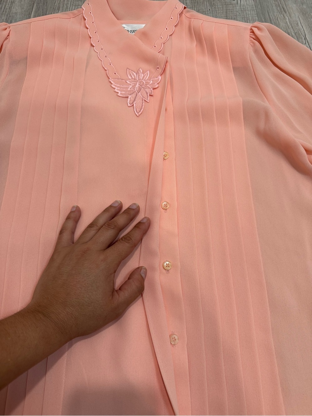 Vtg 80s Diversity Peach Salmon Blouse Pleated Embroidered Collar Sz 12 Korea - Picture 2 of 13